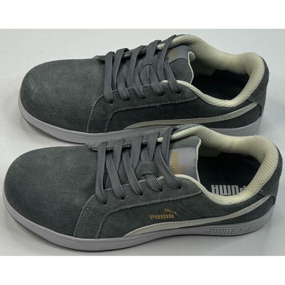 Puma Safety Icon Suede Low Gray & White Steel Toe Oil Resistant Sneaker Size 7.5 - Picture 1 of 15